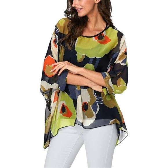 Plus Size Floral Chiffon Tunics Blouses for Women Batwing Summer Boho Shirts - Picture 4 of 8